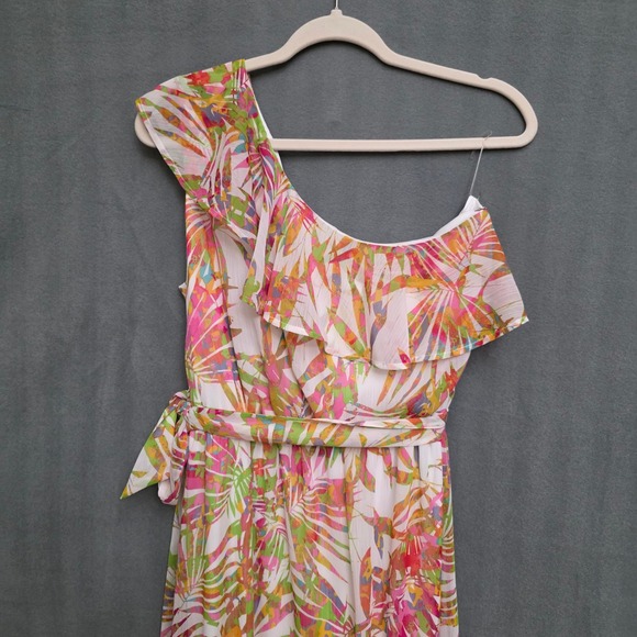One Shoulder Maxi Dress M Tropical Summer Resortwear Belt Chiffon Wedding Guest - Picture 2 of 12